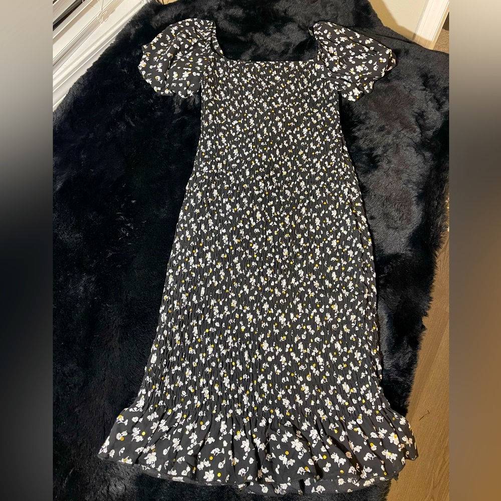 Square neck flutter sleeve smocked midi dress